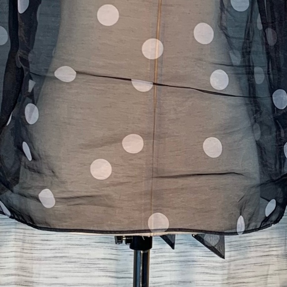 White House Black Market black and white polka-dots mesh see-through blouse. - Picture 9 of 16